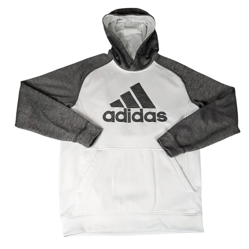 Adidas Climawarm Hoodie Mens White Heather Grey Raglan Pullover Sweatshirt M